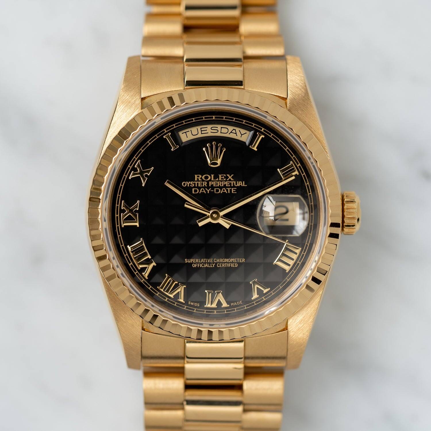 Rolex Day-Date 18238 YG Black Pyramid Dial Box and Paper